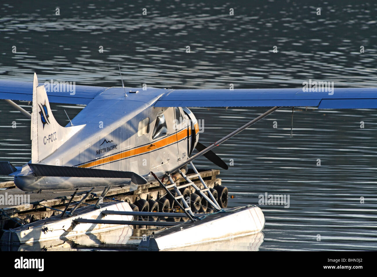 DeHavilland Beaver floatplane tied up at dock, Seal Cove, Prince Rupert, British Columbia Stock Photo