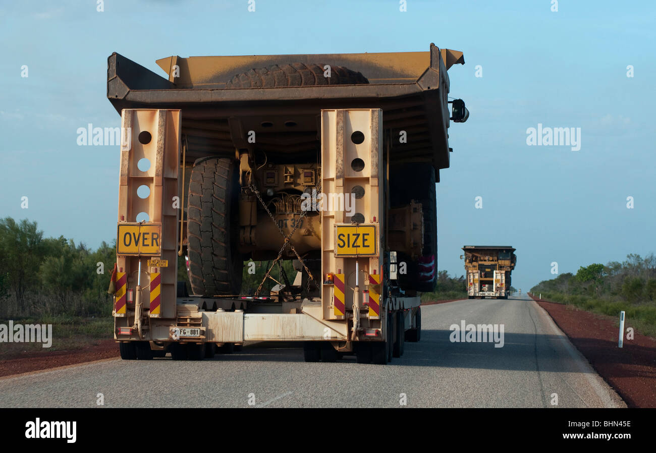 Heavy mining equipment on outback road near Karratha, Western Australia Stock Photo