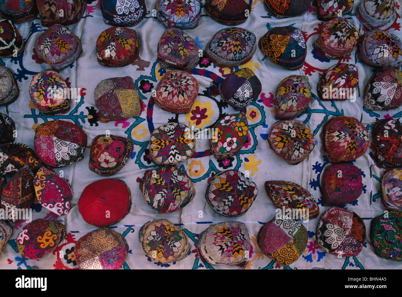 Traditional Uzbek hats with colorful embroidery, Bukhara, Uzbekistan Stock Photo