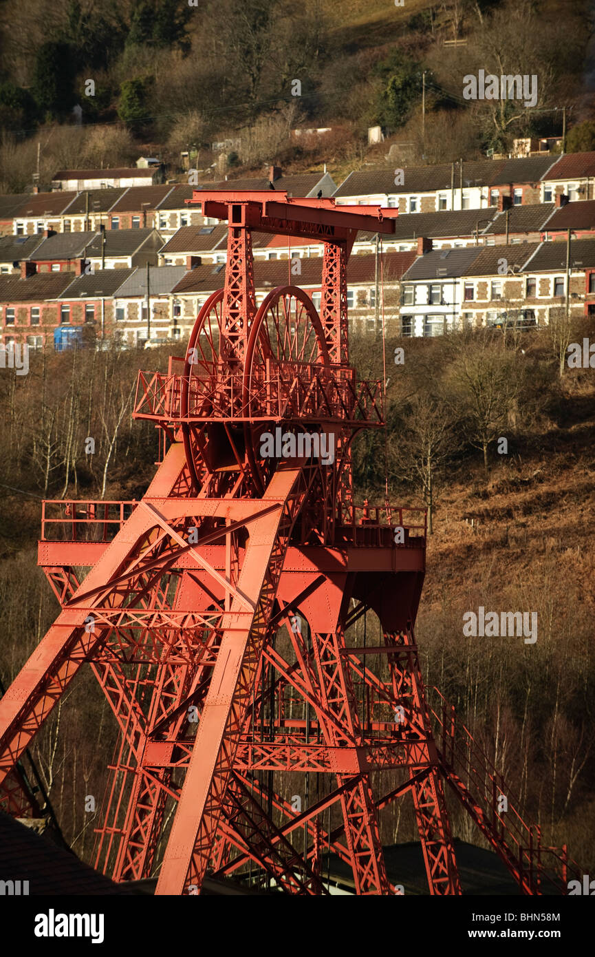The old Lewis Merthyr pit head winding gear at the Rhondda Heritage Park coal mining museum Trehafod Rhondda Valley South Wales Stock Photo