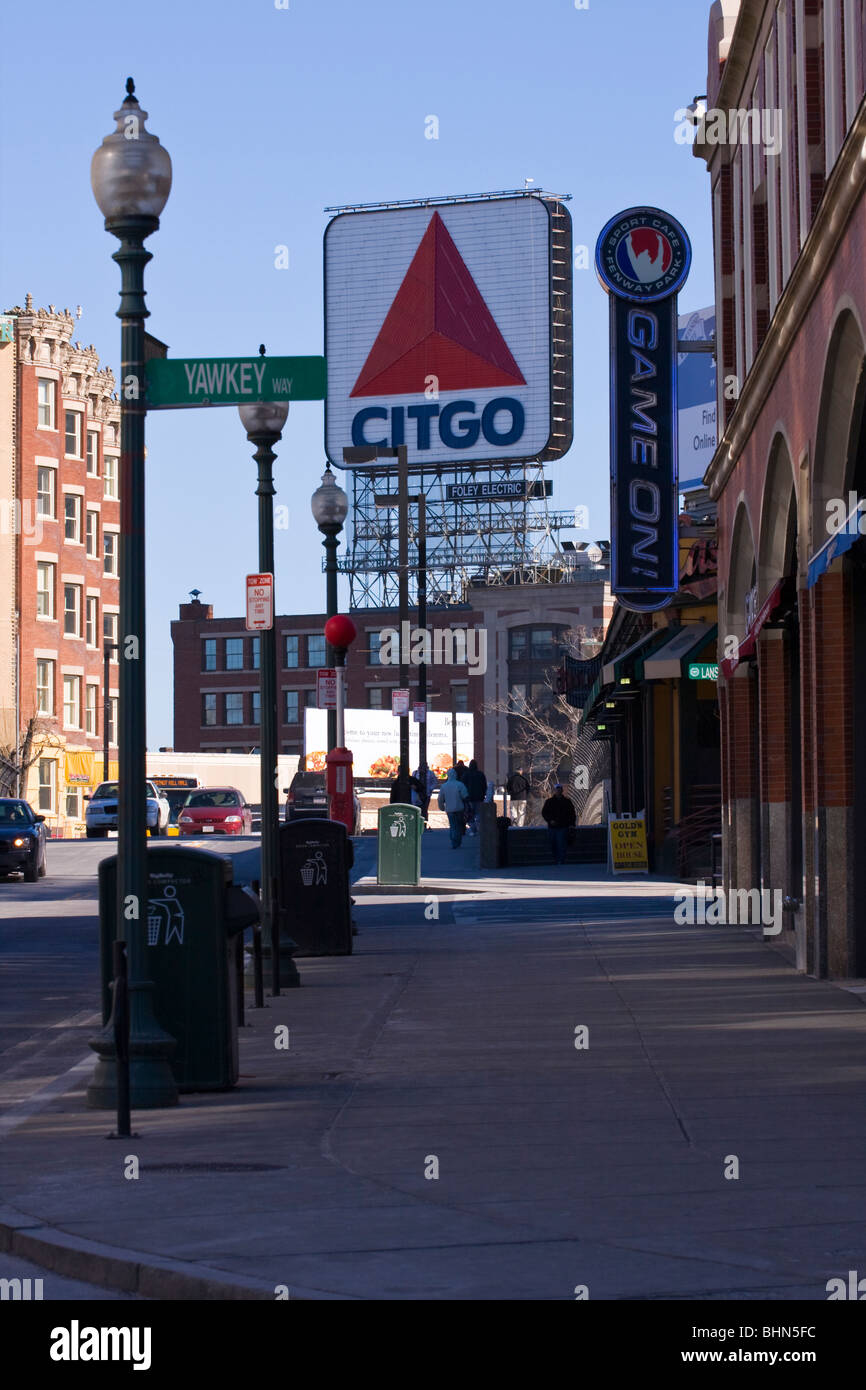 Corner of Brookline Ave. and Yawkey Way at Fenway Park looking at CITGO sign in Kenmore Square, Boston. Stock Photo