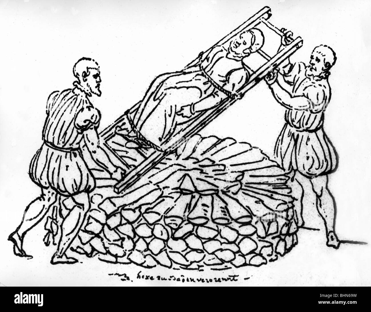 witches, witch hunt, a witch is being burnt at the stake, woodcut, mid