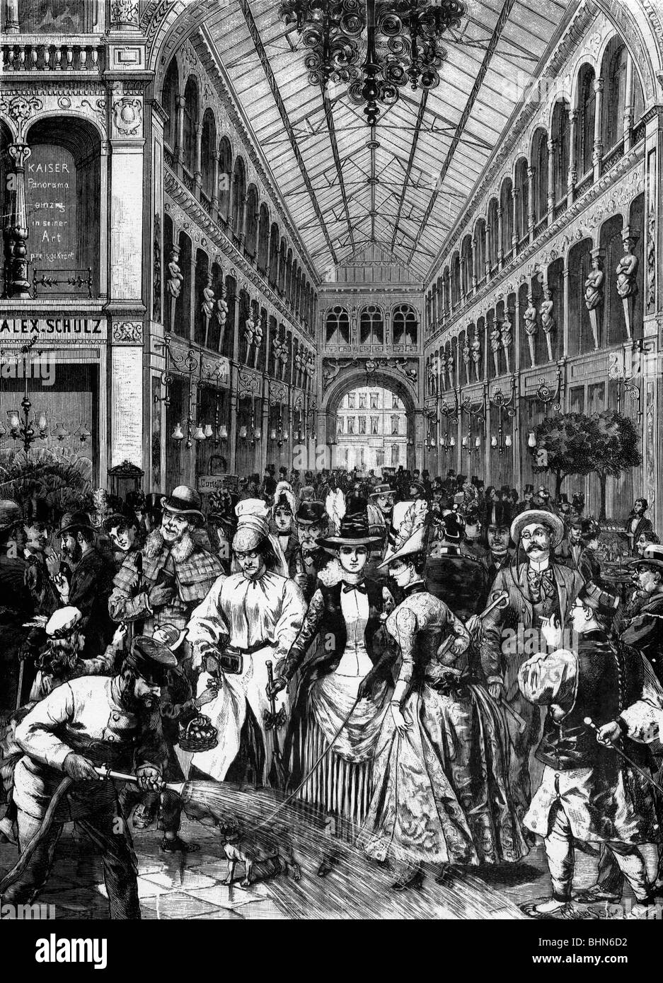trade, shops, shopping mall in Berlin, Kaisergalerie, wood engraving after sketch by W. Busch, 19th century, historic, historical, Germany, market, water hose, shop, arcade, people, crowd, women, men, dog, leash, spraying, female, woman, Stock Photo