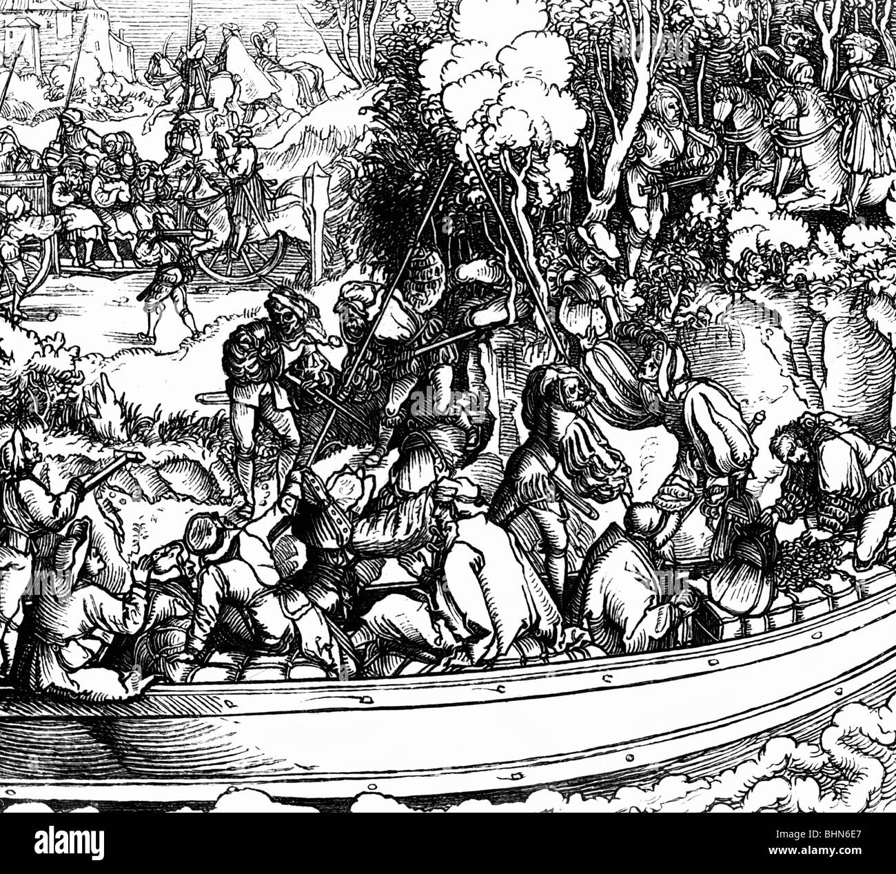 Middle Ages, knights, robber barons plundering a ship and a horse wagon, woodcut, by Hans Schaeufelin, from Francesco Petrarch 'Trostspiegel' (Comfort mirror), Augsburg, Germany, 1532, Stock Photo