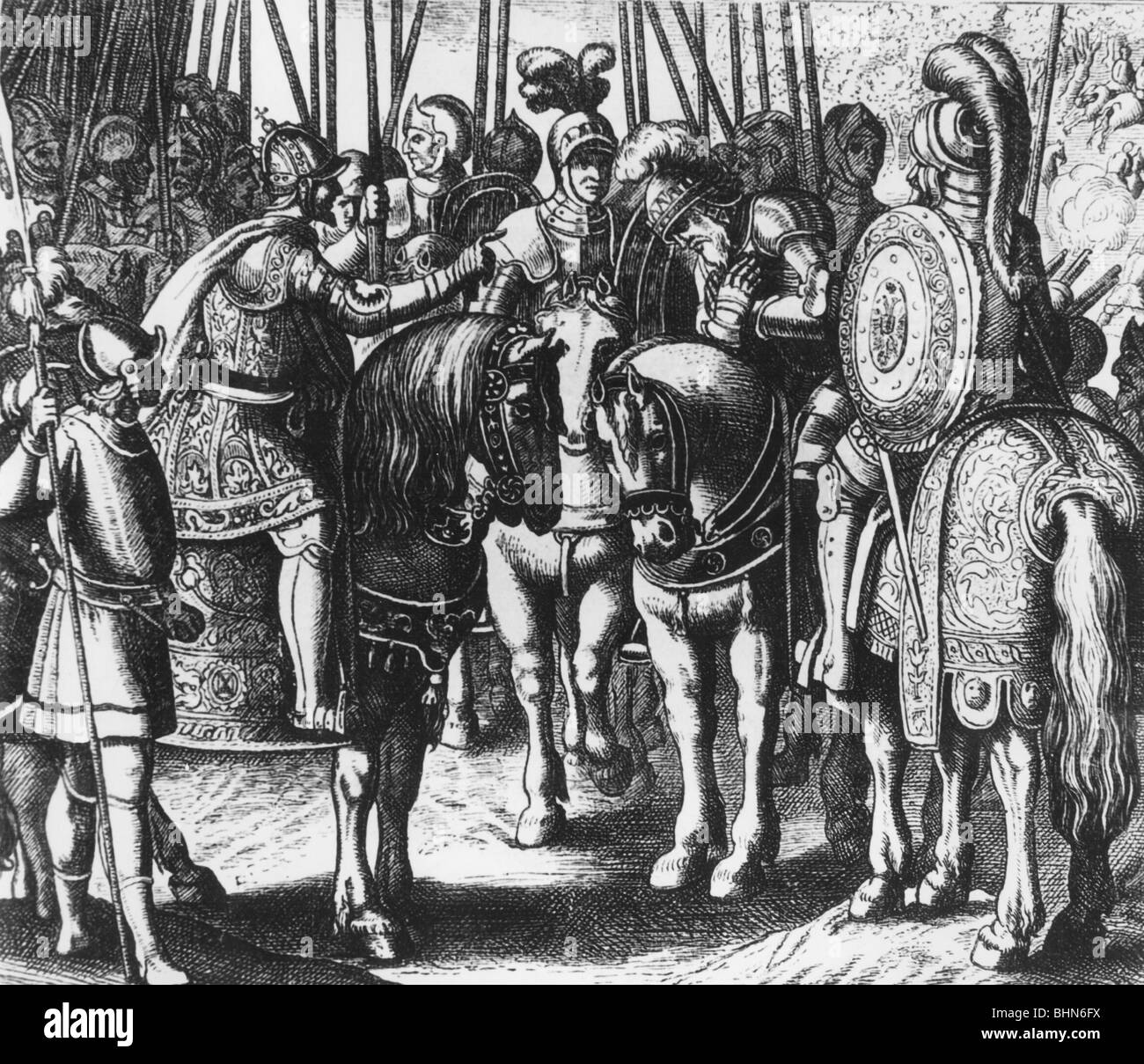 events, Schmalkaldic War 1546 - 1547, Battele of Muehlberg, 24.4.1547, elector John Frederick of Saxony surrendering before Emperor Charles V, copper engraving by Mathaeus Merian, 17th century, , Artist's Copyright has not to be cleared Stock Photo