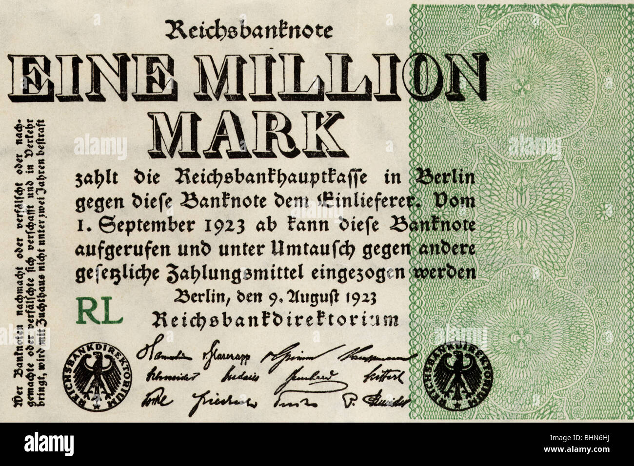 money / finance, inflation money, Germany, 1 million Reichsmark, Reichsbank, Berlin, 9.8.1923, Stock Photo
