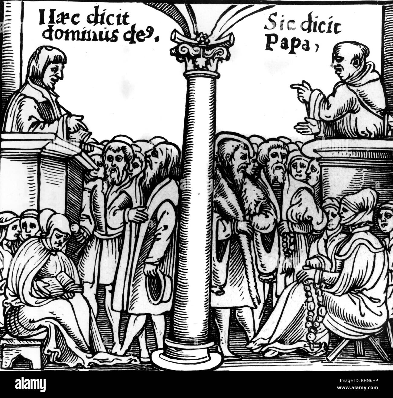 events, reformation, Protestant and Catholic priest preaching different things, woodcut on a flyer by Hans Sachs (1494 - 1576), Stock Photo