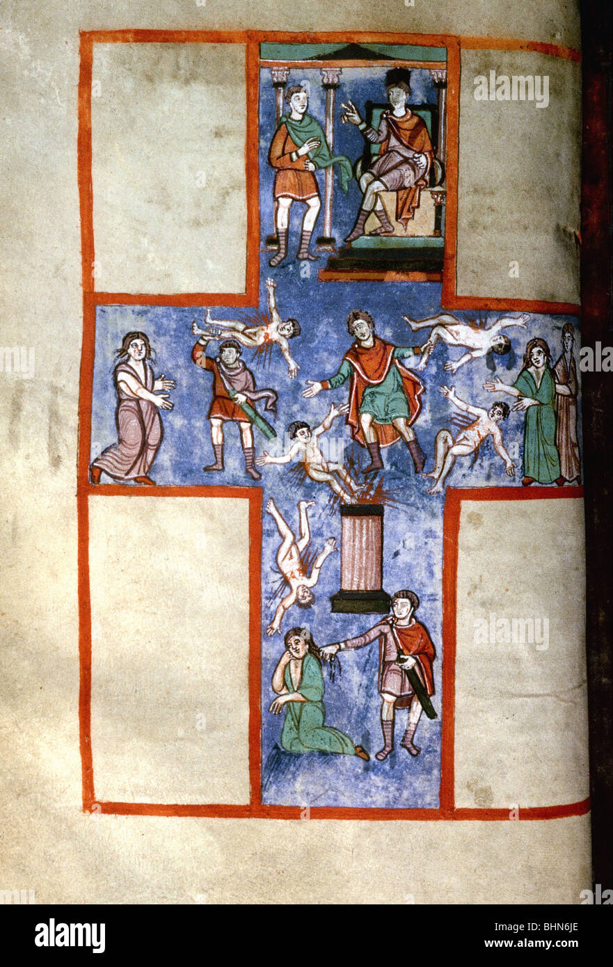 fine arts, religious art, books, Augsburg Gospel Book, 9th century, illumination, Massacre of the Innocents, Bavarian State Libr Stock Photo
