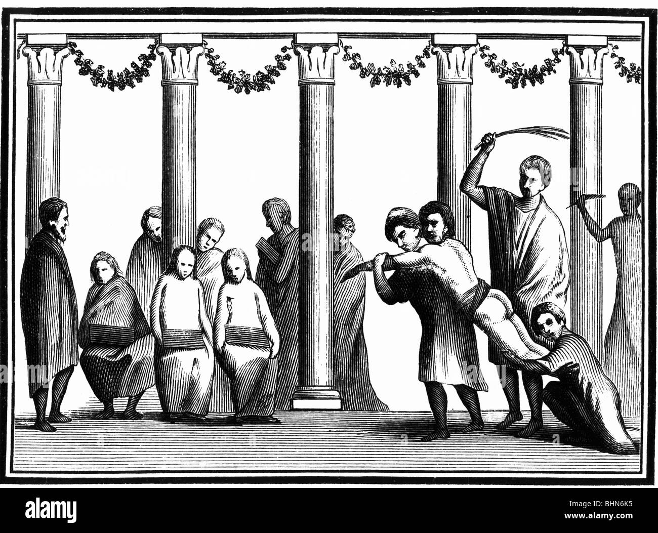 education, ancient world, fustigation, after wall painting from Pompeii, 1st century AD, wood engraving, 19th century, historic, historical, teacher, pupil, student, pupils, students, children, fustigate, chastising, punishing, penalisation, punishment, punishments, Roman Empire, rod, rods, column, ambulatory, ambulatories, feruling, ancient world, people, Stock Photo