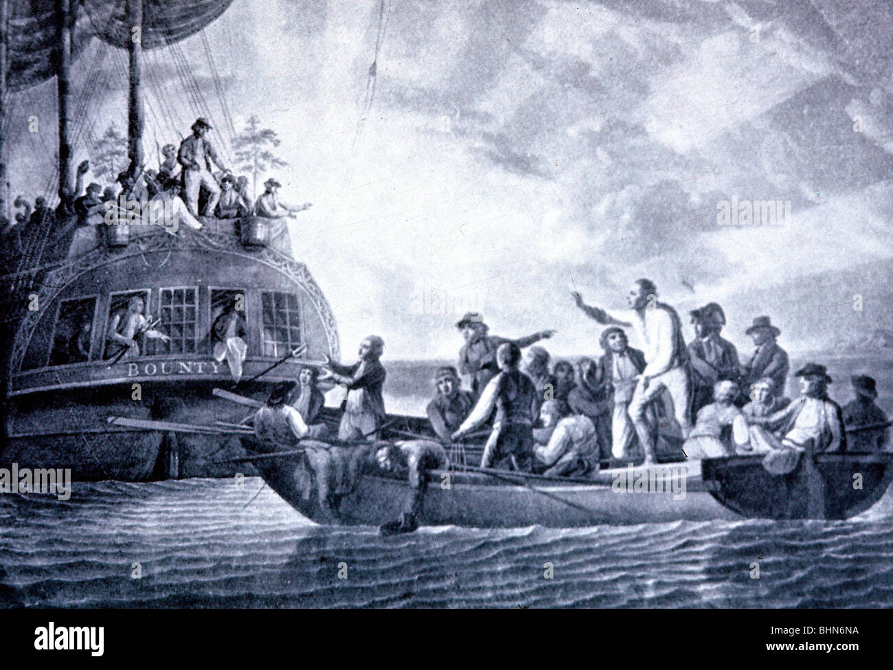 transport / transportation, navigation, Mutiny on the Bounty 1789, the captain, Lieutenant William Bligh, and the loyal parts of the crew are being forced to leave the ship and board the Bounty's launch, drawing, Stock Photo