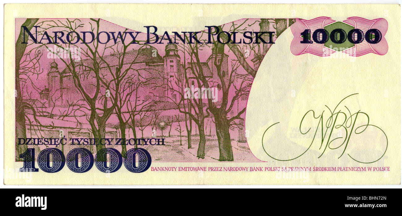 money / finance, banknotes, Poland, 10,000 Zloty, Polish National Bank, 1982, back,  paper money, banknote, Europe, Eastern Bloc, 20th century, numismatics, historic, historical, 10000, 1980s, Stock Photo