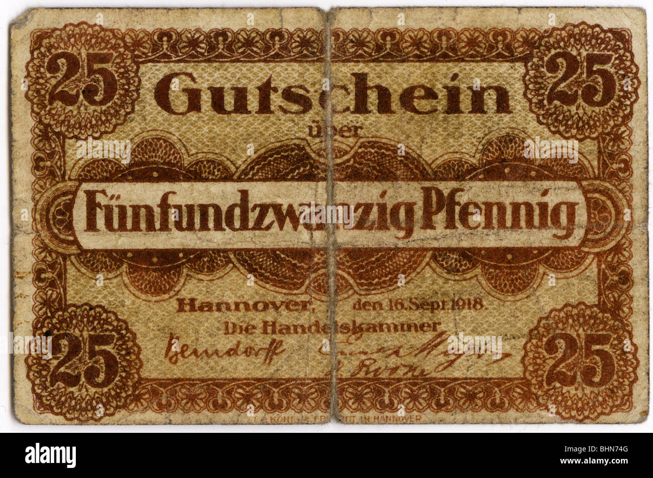 money / finance, banknotes, Germany, 25 Pfennig, necessity money, token of  Hanover Chamber of Commerce, 16.9.1918 Stock Photo - Alamy