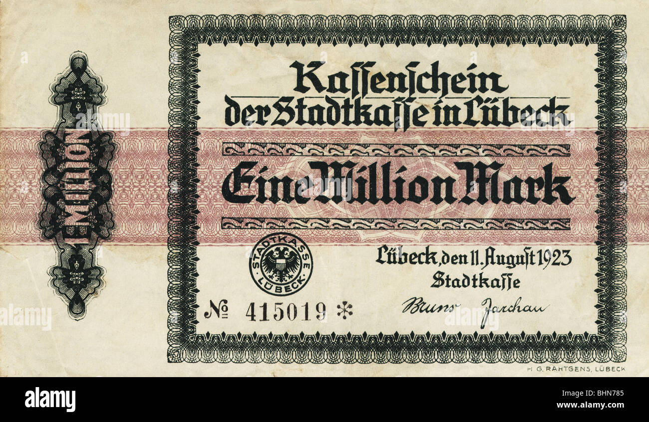 money / finance, inflation money, bank notes, Germany, 1 million Mark, Kassenschein der City Bank of Luebeck, 11.8.1923, Stock Photo