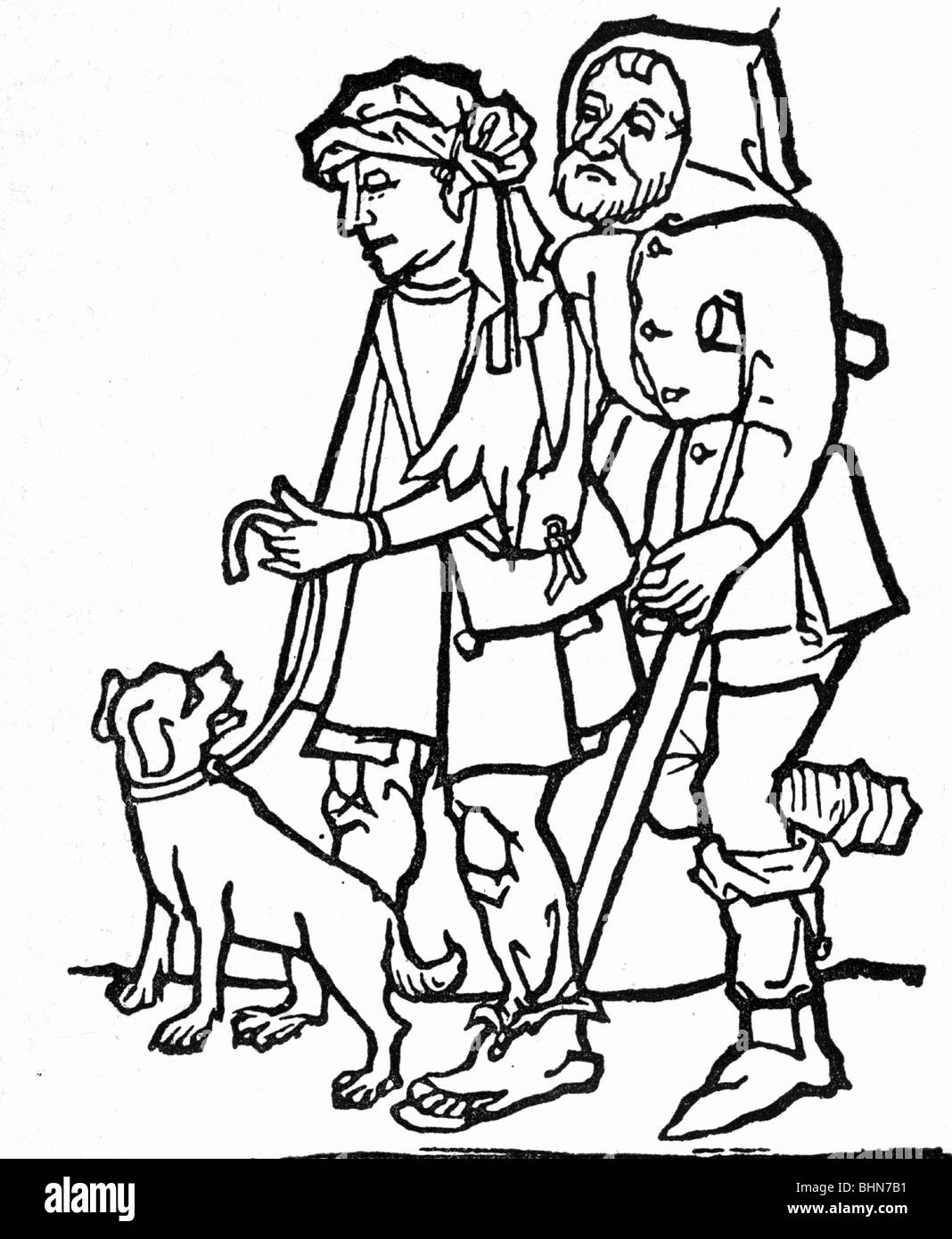 people, poverty, misery, Middle Ages, two beggars, woodcut from the first edition of apocalypse with wood engraving, circa 1465, Stock Photo