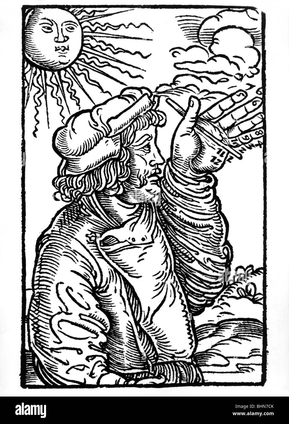 clocks, sundial, method to detecting the time with stick in the hand, woodcut, 16th century, historic, historical, sundials, medieval times, Middle Ages, sun, clock, shade, Arab, Arab, Arabic, Arabian , Arab numbers, finger, sunset, chronometry, chronometries, horology, people, Stock Photo