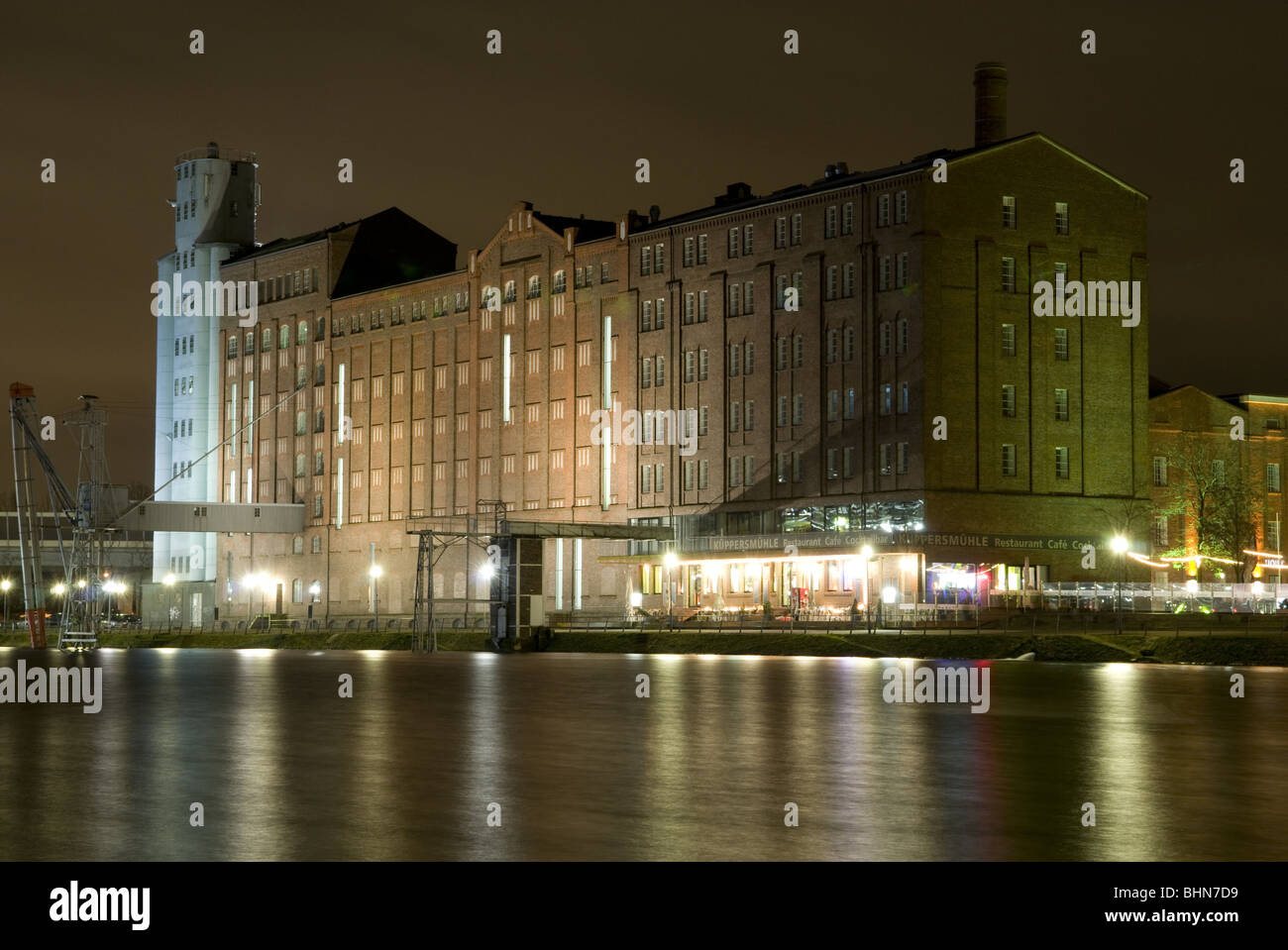 geography / travel, Germany, North Rhine-Westphalia, Ruhr area, Ruhr Valley, Duisburg, Museum Kueppersmuehle, Innenhafen by night, exterior view, , Additional-Rights-Clearance-Info-Not-Available Stock Photo