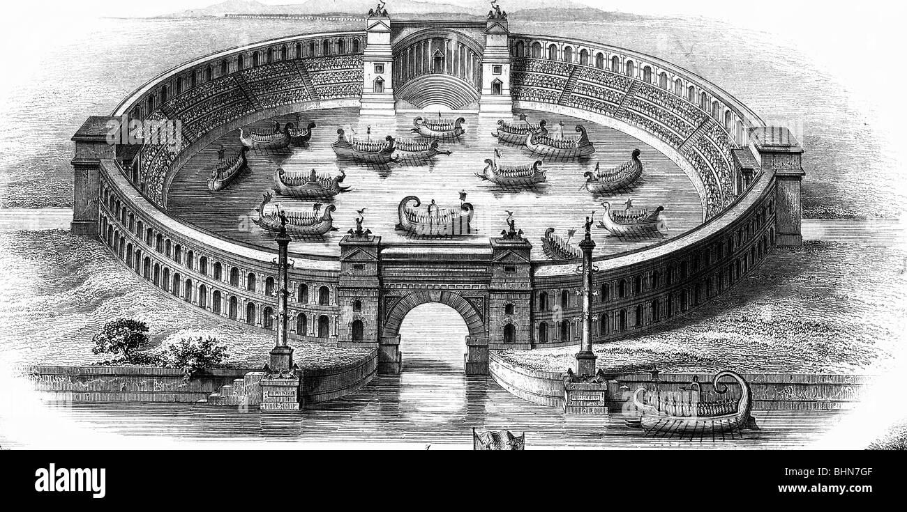 ancient world, Roman Empire, games, Naumachia (arena of naval battles) of the emperor Domitian (reigned 79 - 89 AD), reconstruction, wood engraving, 19th century, historic, historical, stadium, ships, warships, imitated lake, Titus Flavius Domitianus, Flavier, Rome, ancient world, people, Stock Photo