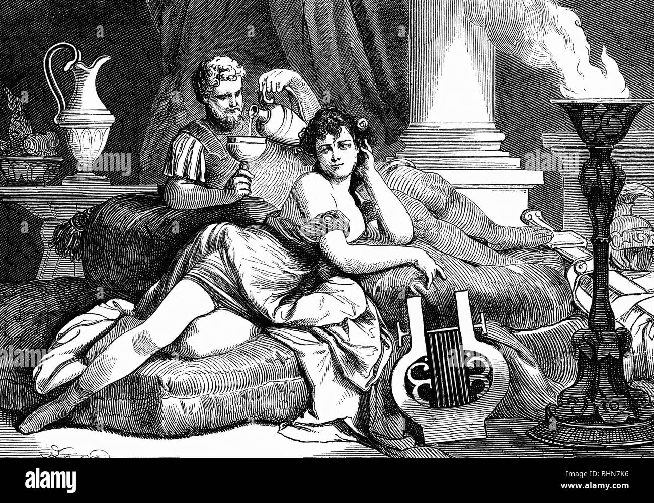 Ancient World, Roman Empire, people, military leader having a feast with his mistress, wood engraving, 19th century, historic, historical, Romans, decadence, wine, lyra, bed, lounger, ancient world, Stock Photo