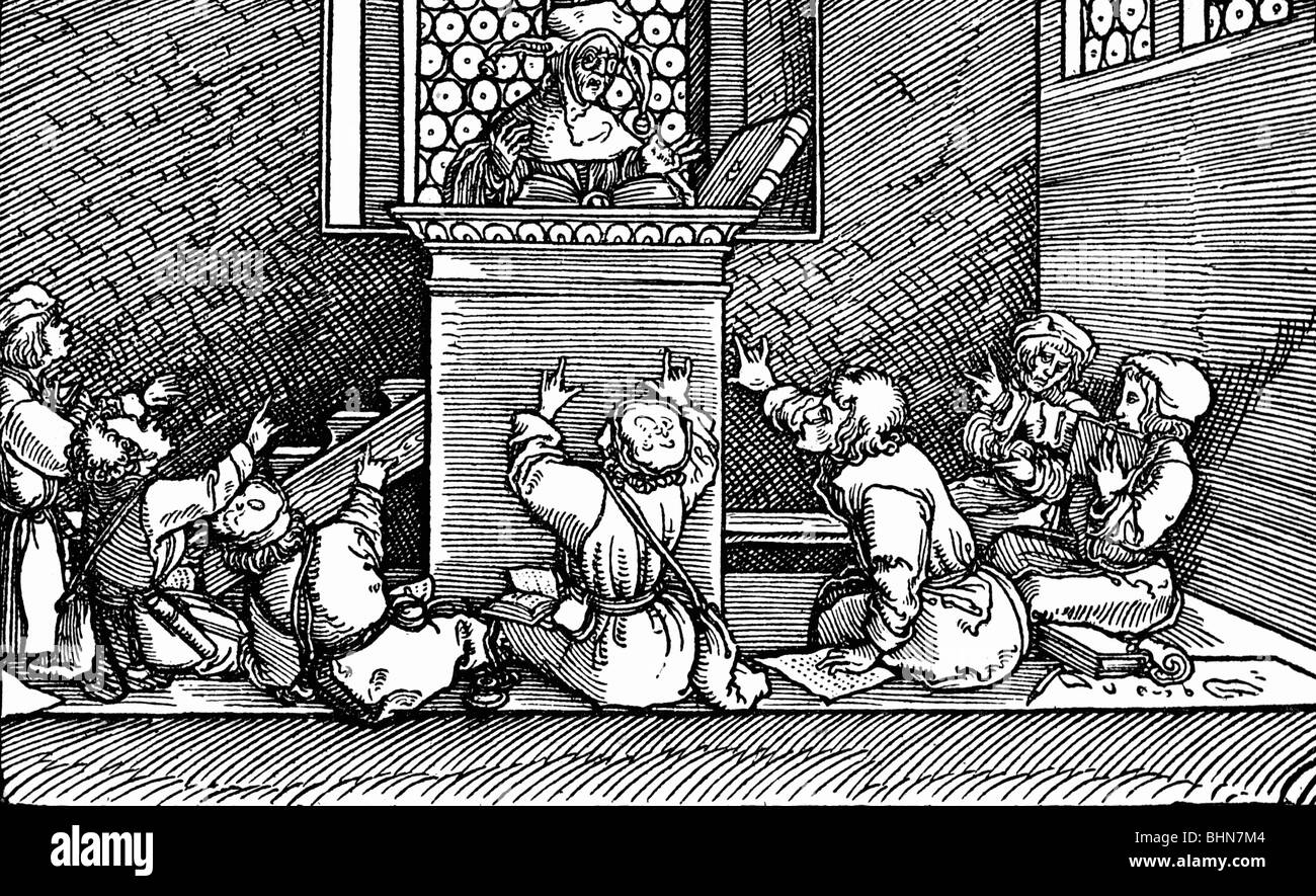 education, lesson, schoolroom, woodcut from 'Bilder zu Schimpf und Ernst' by Johannes Burgkmair (1472 - 1559), Stock Photo