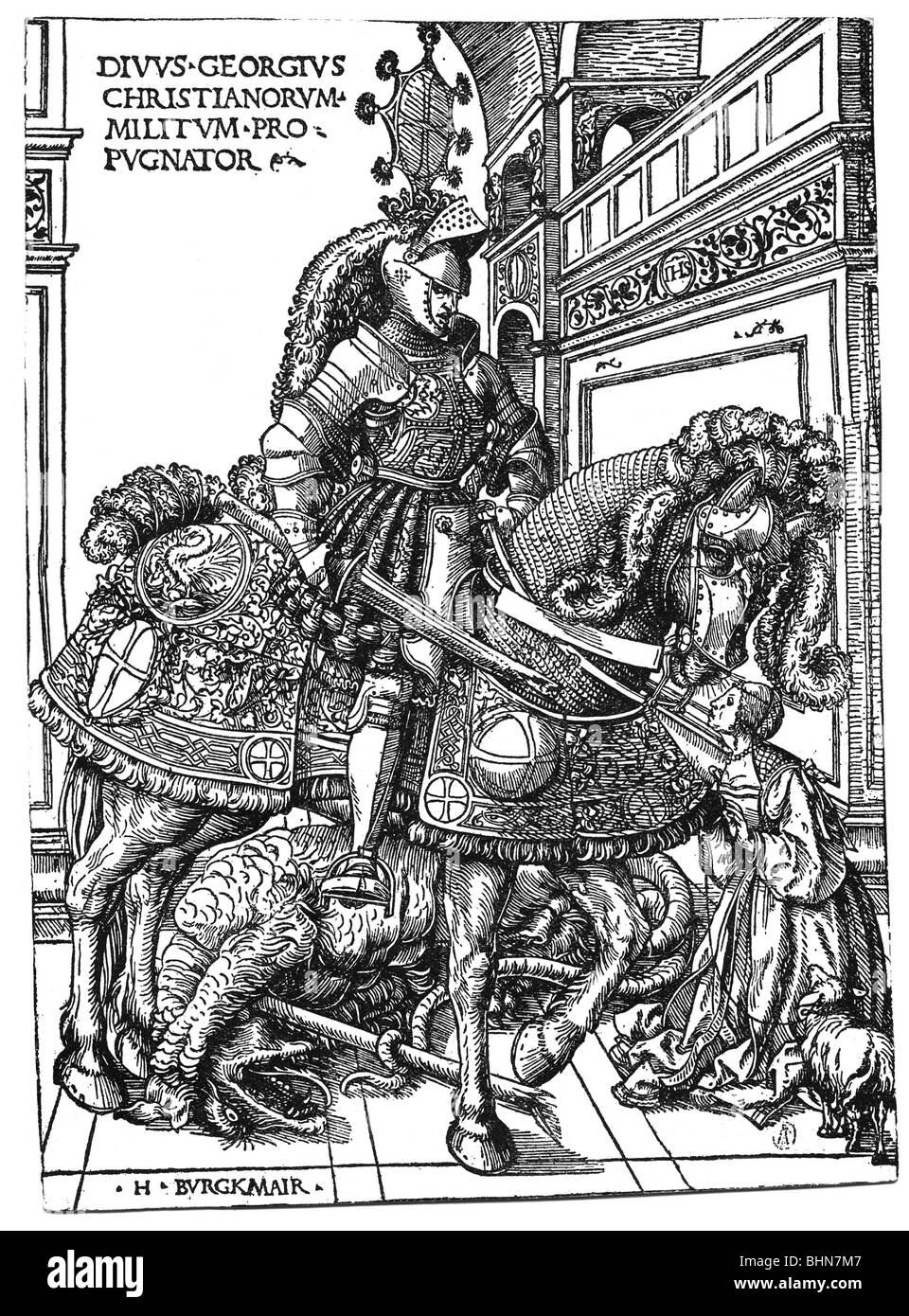George, Saint, + circa 303, martyr, Holy Helper, full length, on horse, after his victory over the dragon, woodcut, by Hans Burgkmair the Elder (1473 - 1531), Stock Photo