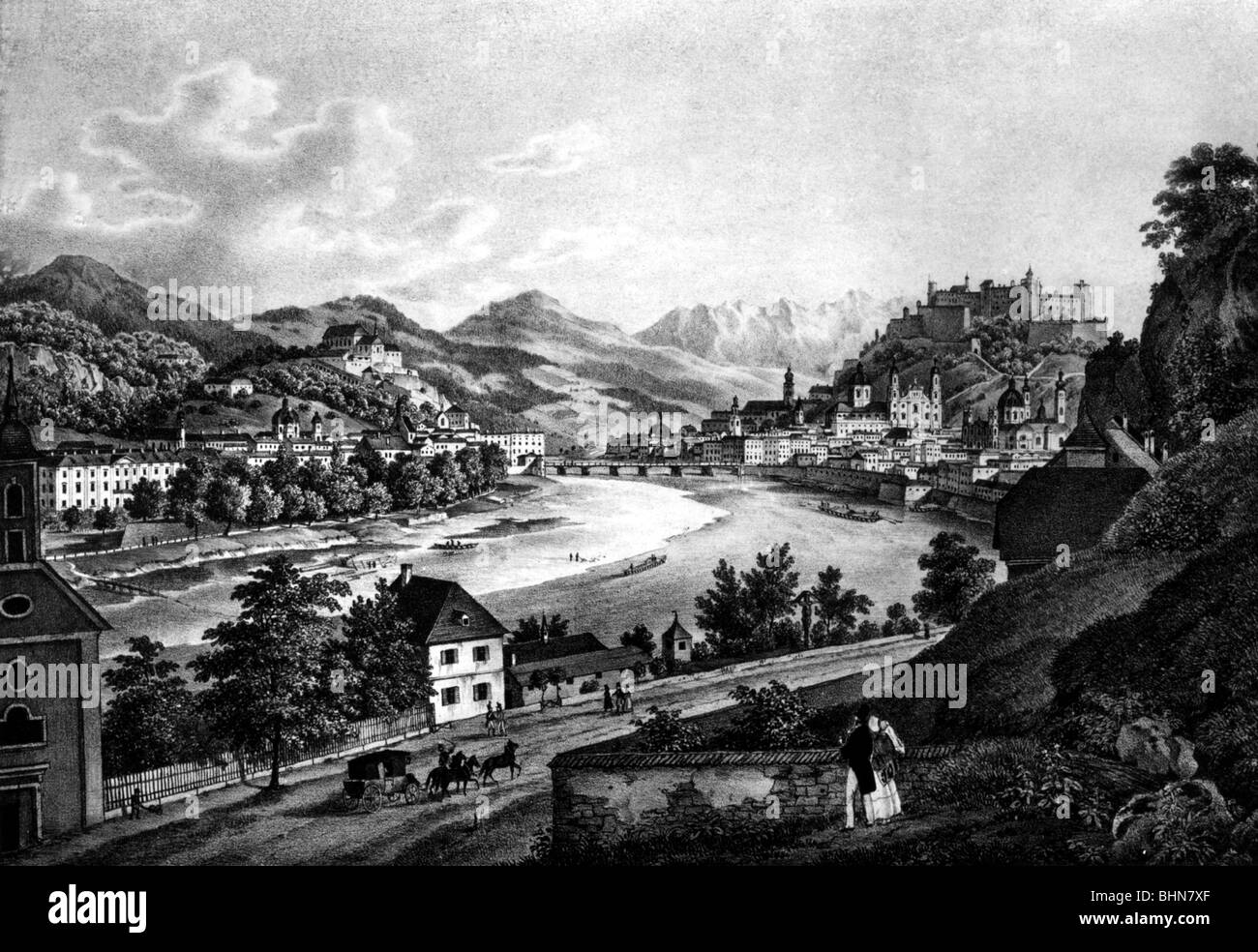 geography / travel, Austria, Salzburg, city view, early 19th century, historic, historical, Salzach River, bridge, landscape, landscapes, Central Europe, capital, Stock Photo