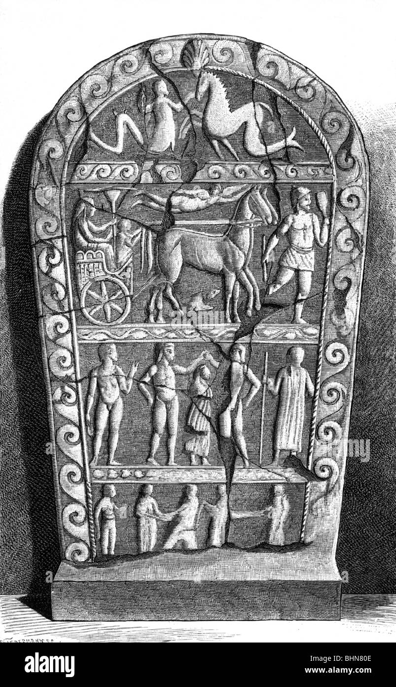 ancient world, Etruscans, Etruscan gravestone from Bologna, drawing after plaster print, wood engraving, 19th century, tombstone, headstone, gravestones, tombstones, headstones, historic, historical, death, mortuary practices, cult of the dead, coach, carriage, coaches, carriages, cart, travel, Biga, wheel, people, Italy, ancient world, Stock Photo