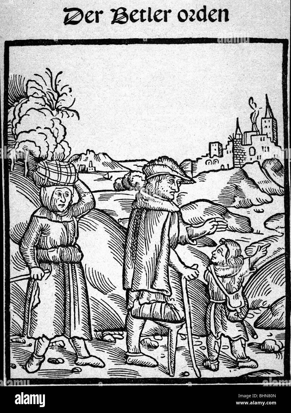 people, poverty, misery, medieval times, Middle Ages, beggar, title of a book which is warning about beggars, woodcut, circa 1500, Stock Photo