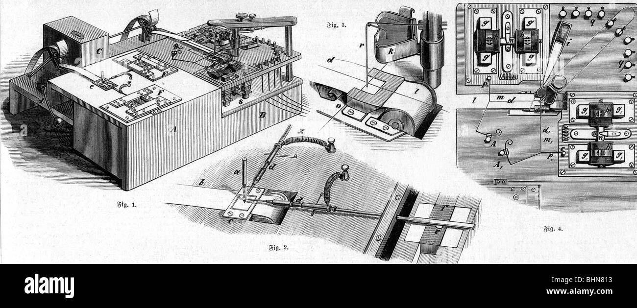 Cowper, Edward A., 10.12.1819 - 9.5.1893, British engineer, his writing telegraph, wood engraving, 1881, Stock Photo