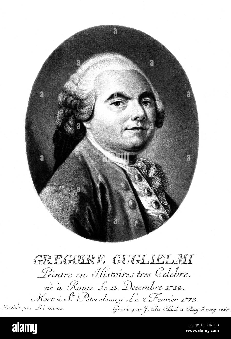 Guglielmi, Gregorio, 13.12.1714 - 2.2.1773, Italian artist (painter), portrait, engraving after J. Elias Hais, Augsburg, 1768, Stock Photo