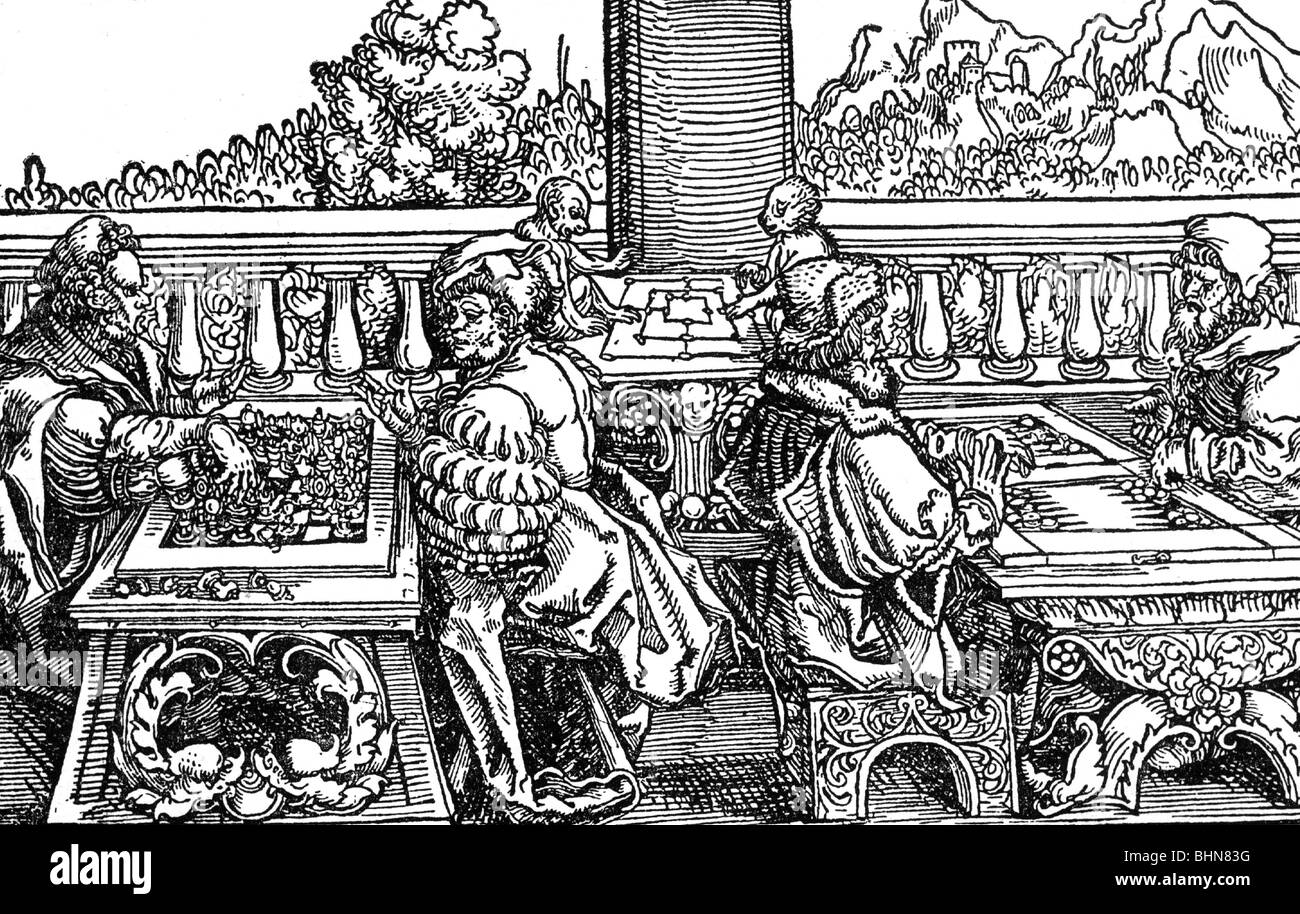 games, chess, Ludus duodecim scriptorum and Nine Men's Morris, played by men, woodcut by Hans Weiditz to 'Trostspiegel im Glueck und Unglueck' by Francesco Petrarca (1304 - 1374), Frankfurt / Main, 1596, Stock Photo