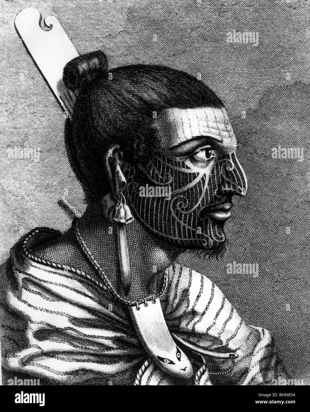 geography / travel, New Zealand, people, tattooed Maori warrior from Cooks Rerson, copper engraving from 18th century, historic, historical, tattoo, tattoos, face, earring, portrait, native, indigenous, man, ethnic, ethnology, Stock Photo