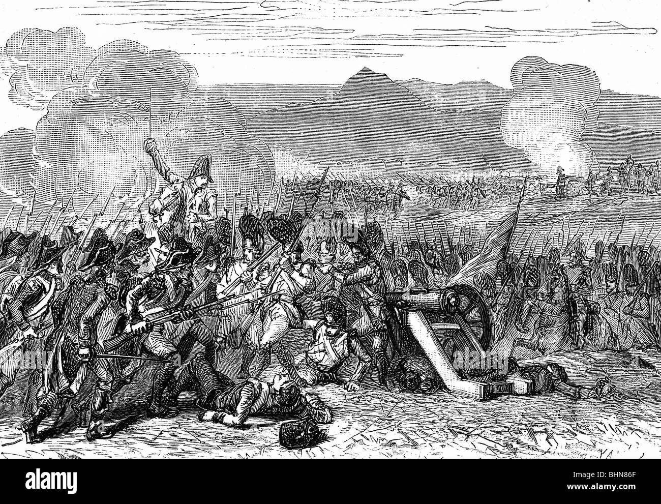 events, War of the Second Coalition 1799 - 1802, Battle of Cassano d'Adda, 27.4.1799, infantry in close combat, wood engraving, 19th century, Italy, French, Russian, Austrian, France, Russia, Austria, soldiers, French Revolutionary Wars, 18th century, Adda, Lombardy, historic, historical, people, Stock Photo