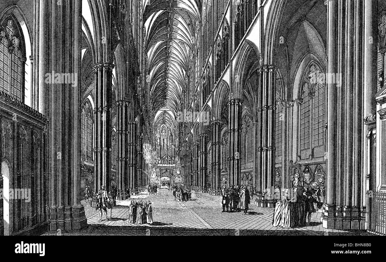 geography / travel, Great Britain, London, Westminster Abbey, interior view, central nave, wood engraving, 19th century, historic, historical, church, churches, sacral, sacred, building, buildings, architecture, England, Western Europe, people, Stock Photo