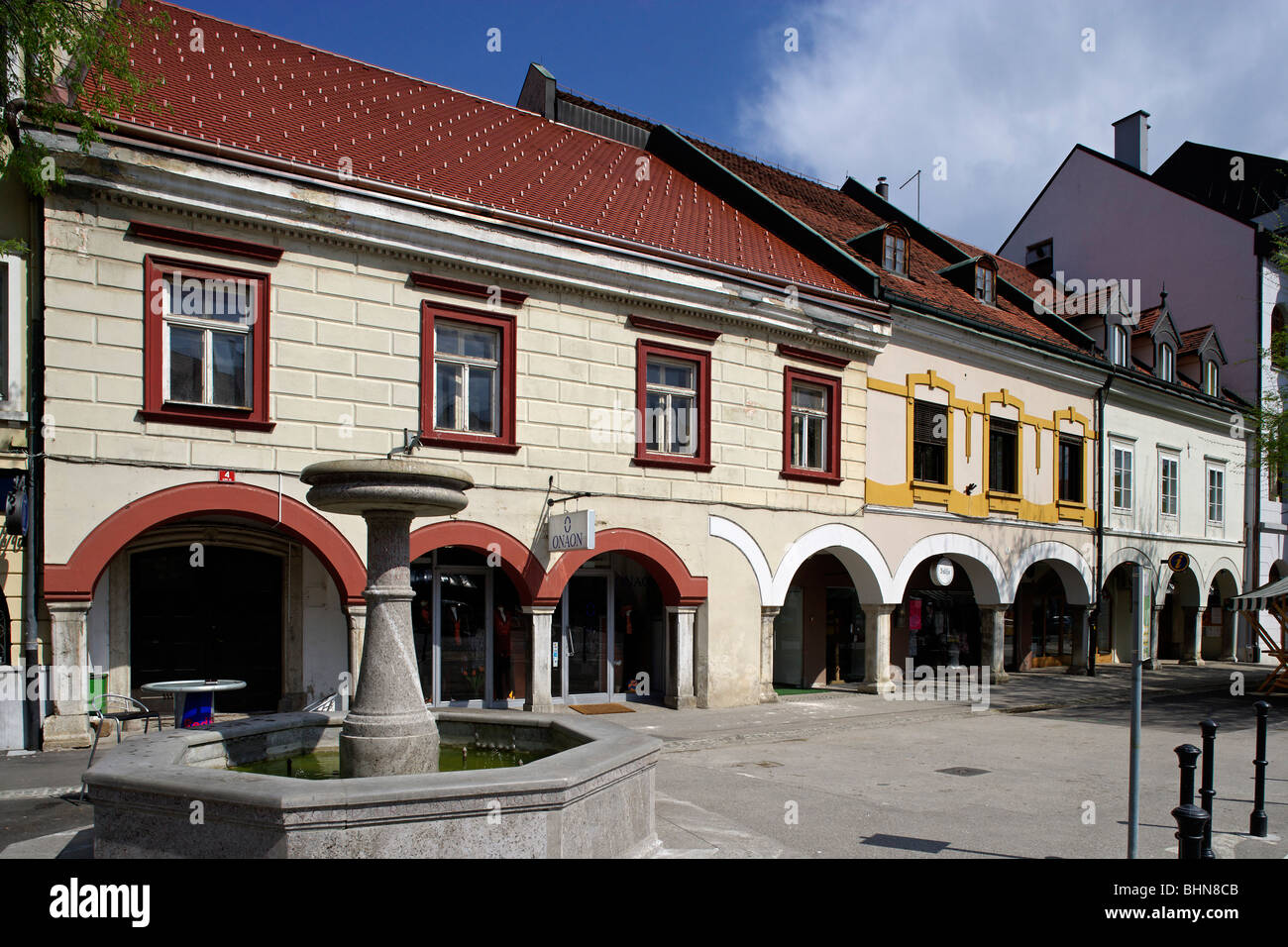 Novo Mesto,old town,Glavni- Main Square,typical houses,Slovenia Stock Photo