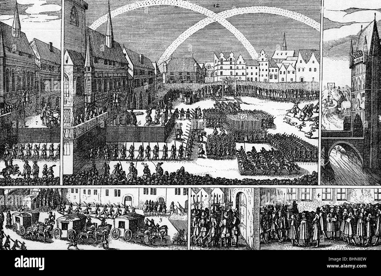 events, Thirty Years War 1618 - 1648, Bohemian-Palatinate War 1618 - 1626, execution of insurgents in Prague, 21.6.1621, contemporary copper engraving, Bohemian Revolt, gallows, hanging, rebels, Catholic League, Imperial Army, religious wars, Czechia, Bohemia, 17th century, historic, historical, people, Stock Photo