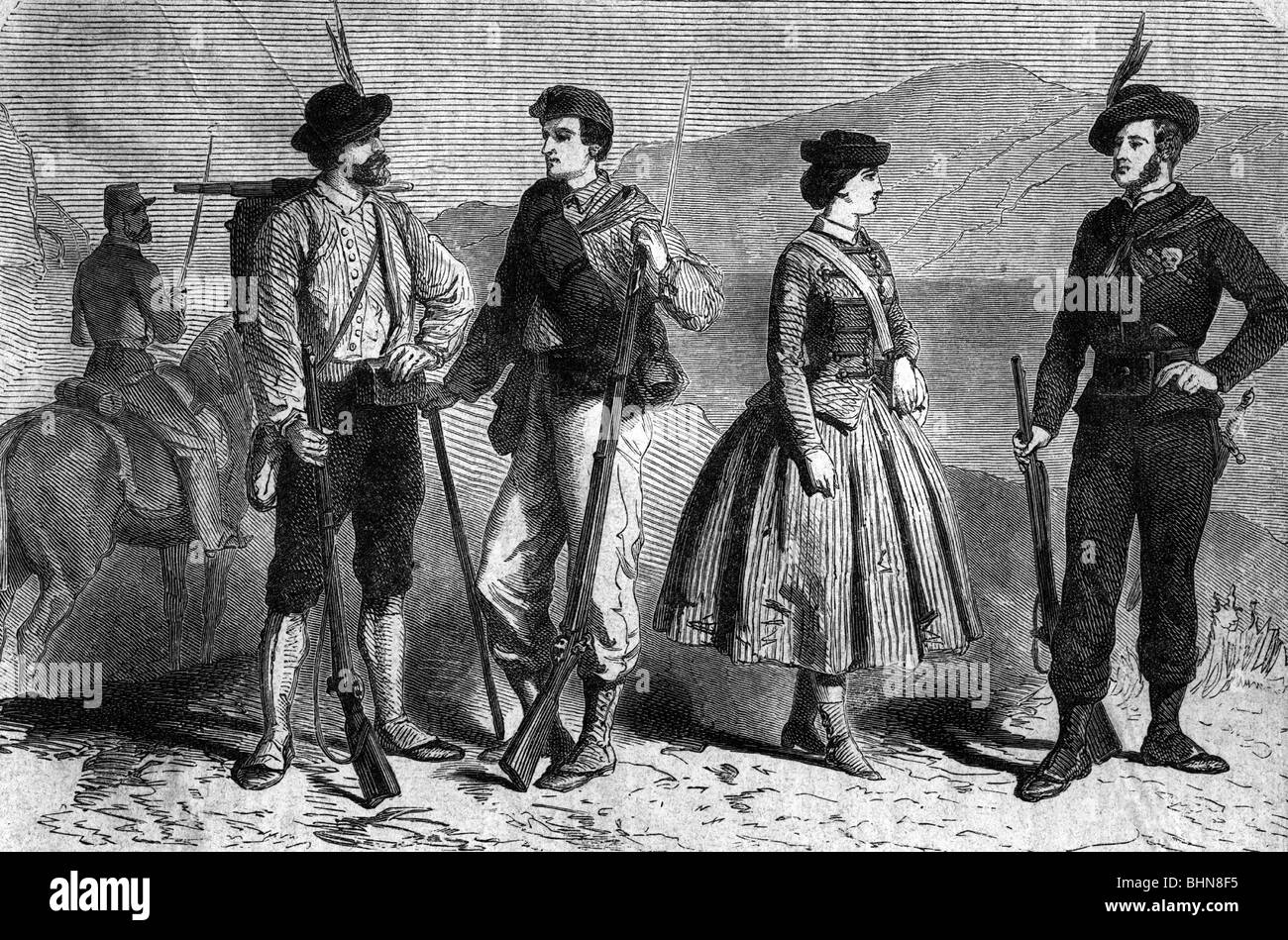 events, 'Expedition of the Thousand', 1860, types of volunteers of Giuseppe Garibaldi, wood engraving, 1860, , Stock Photo