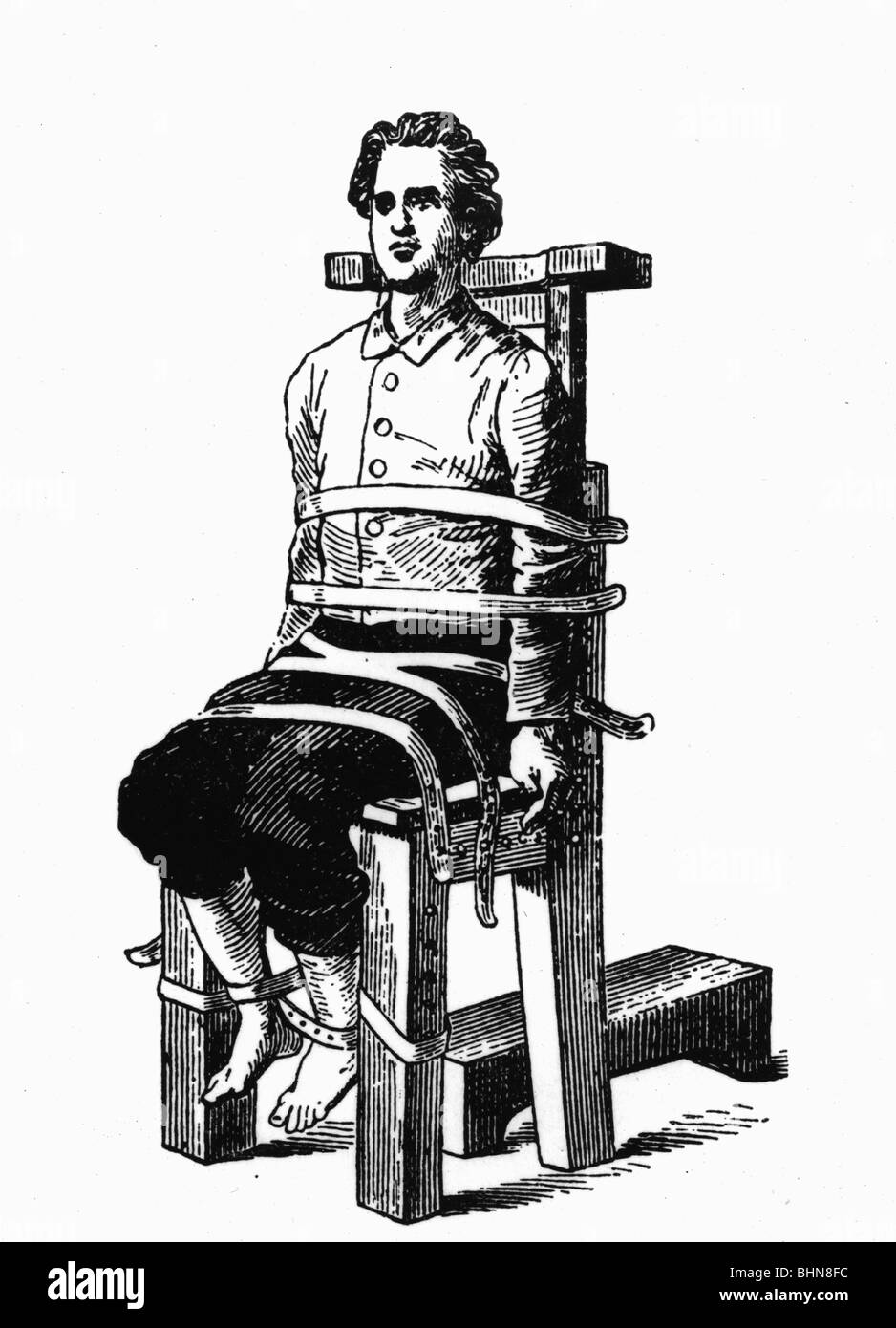 medicine, narcosis, patient strapped on operation chair, 1873, Stock Photo
