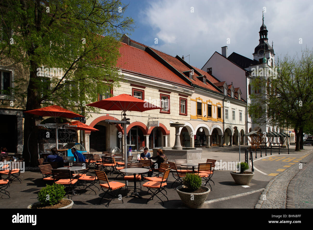 Novo Mesto,Town Hall,Glavni- Main Square,typical houses,Slovenia Stock Photo