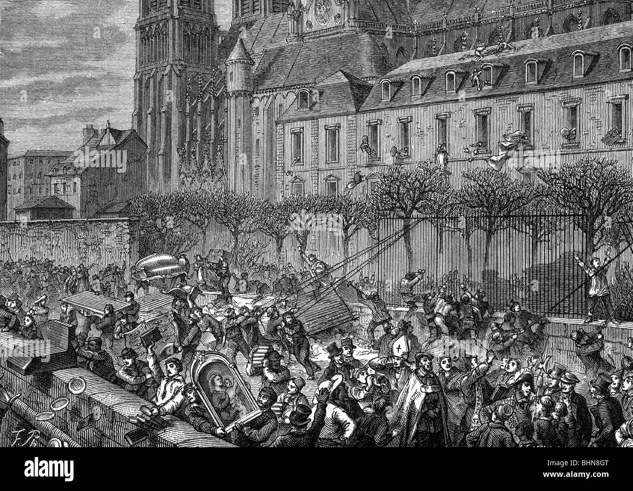 geography / travel, France, revolution 1830, July revolution 26.6.1830-29.7.1830, destruction and plunder of the palace of the archbishop, Paris, later wood engraving, 19th century, historic, historical, ravage, depredation, ravages, depredations, church, churches, sacral, sacred, building, buildings, crowds, crowd, insurgency, revolt, rebellion, insurgencies, revolts, rebellions, be in revolt, insurgent, insurgents, rebel, rebels, revolter, revolters, events, Western Europe, people, Stock Photo