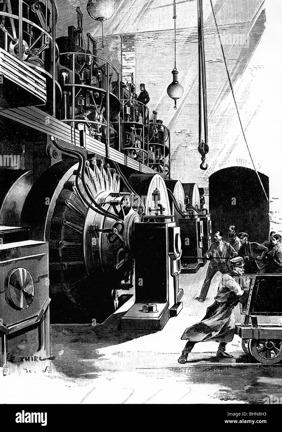 energy, electricity, generation of current, dynamos of Siemens company, 2nd half of 19th century, historic, historical, dynamos, power generation, electricity generation, machine, machines, electric power, electrification, industry, industrial, factory, production, industrialization, industrialisation, people, Stock Photo