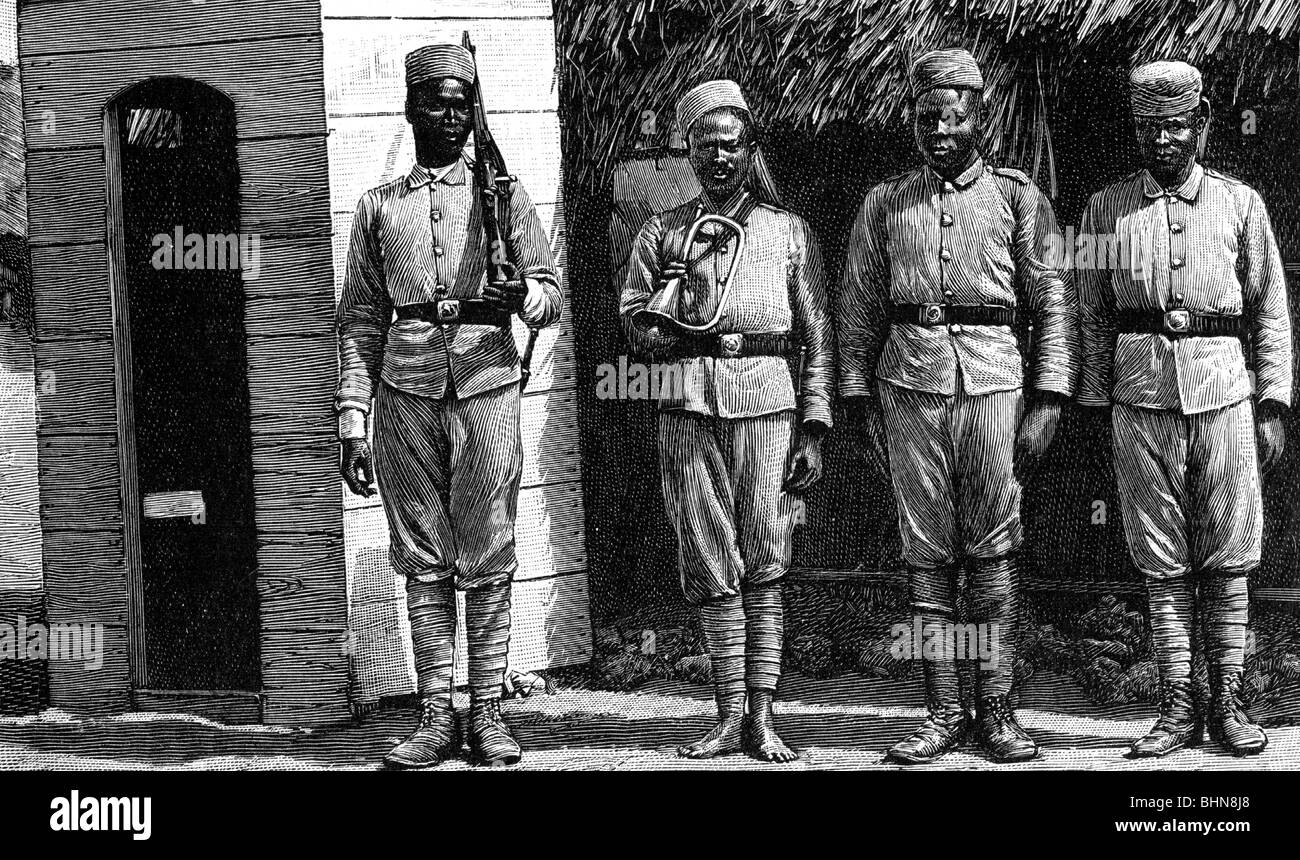 geography / travel, Tanzania, military, Schutztruppe (German colonial force), Askari guard, Dar-es-Salaam, wood engraving, circa 1900, Stock Photo