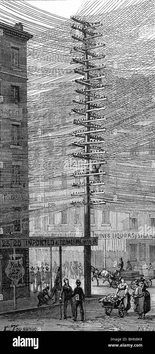 energy, electricity, power pole in New York, USA, wood engraving, late