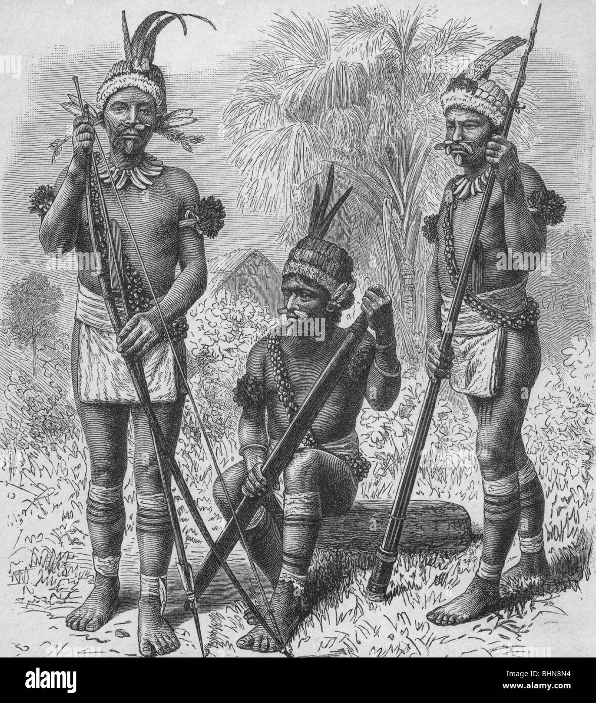 geography / travel, South America, people, Indians with traditional body decoration, illustration after photography from Damann Album, circa turn of the century, historic, historical, jewellery, loincloth, loin cloth, loincloths, loin cloths, perforate, perforating, perforated noses, indigenous, native, ethnic, ethnology, full length, men, man, head trappings, feather headdress, bow and arrow, archer, bow hunter, bowman, archers, bow hunters, bowmen, warrior, warriors, Stock Photo