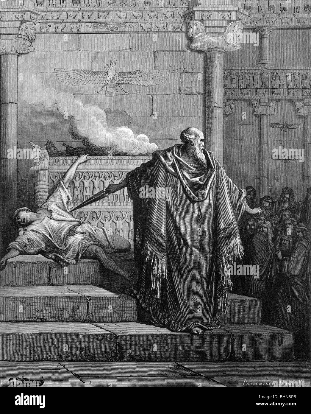 religion, biblical scenes, 'Mathathias killing the desecrators of the temple', wood engraving by Gustave Dore, 19th century, Artist's Copyright has not to be cleared Stock Photo