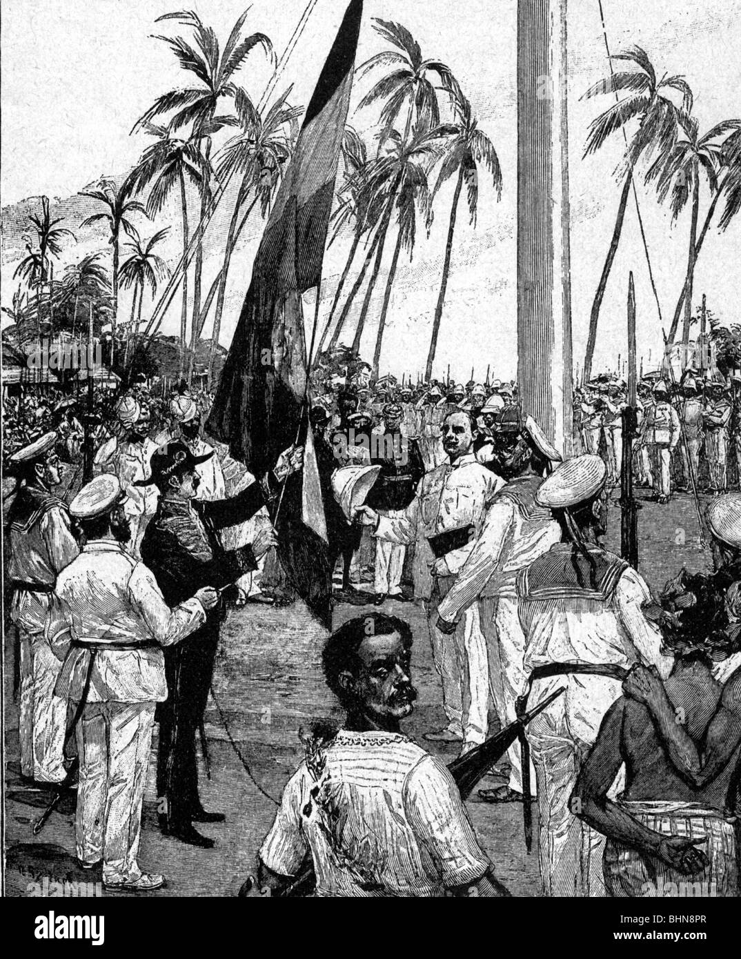 Geo. hist., South Sea, Samoa, West Samoa, occupation by the Germans, hauling up the flag, Apia, contemporary wood engraving, 1.3.1900, 20th century, historic, historical, German dependency, dependencies 1889-1900, polynesia, Upolo Island, German colony 1900-1919, flags, colonialism, imperialism, Imperial Era, Imperial Period, German Empire, Oceania, navy, Reich, 1900s, people, Stock Photo
