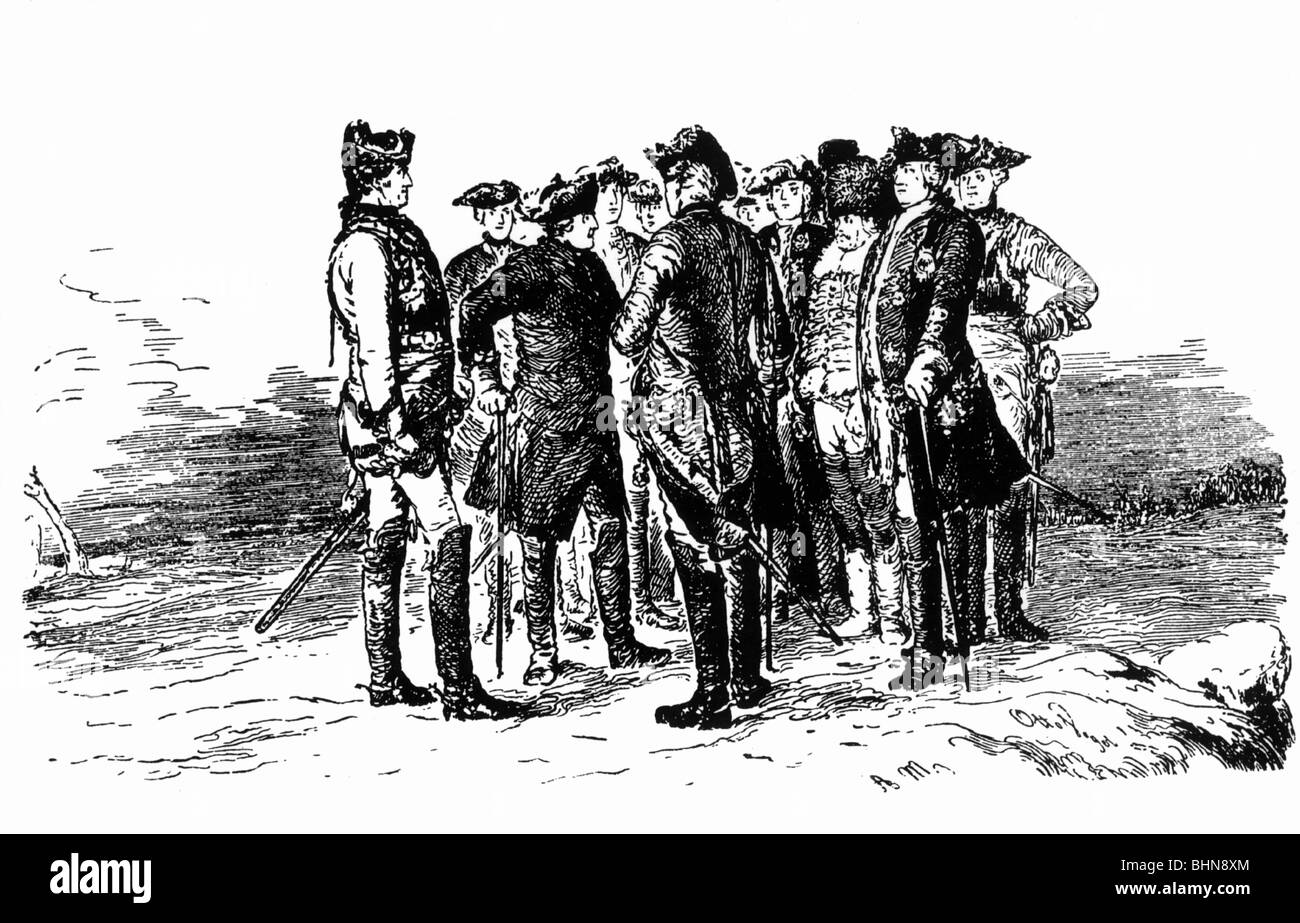 Frederick II 'the Great', 24.1.1712 - 17.6.1786, King of Prussia 31.5.1740 - 17.6.1786, half length, speaking to his officers at Parchim, 5.12.1757, wood engraving, after drawing by Adolf von Menzel, Stock Photo
