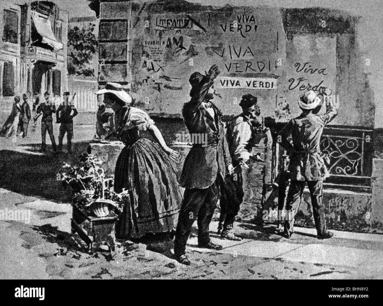 geography / travel, Italy, politics, Risorgimento, monarchists writing 'Viva Verdi' on a wall, circa 1850, drawing by anonymous, 'Illustrazione Italiana', 1901, Stock Photo