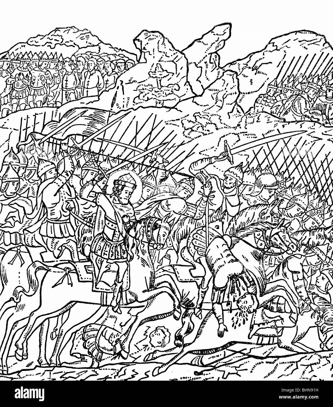geography / travel, Russia, Mongolian Wars, battle of Kulikovo Pole 8.9.1380, after image from 'The life of the holy Sergei of Radonesh', circa 15th century, , Stock Photo