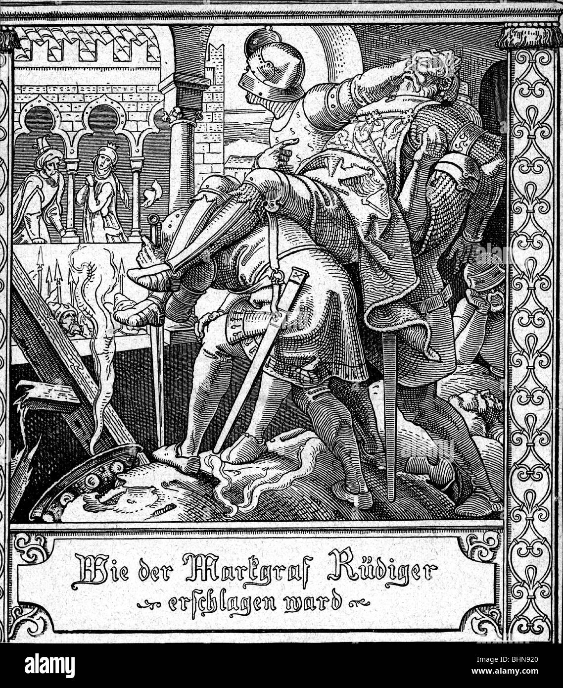 literature, Nibelungen, Kriemhild's revenge, fight at Etzel Castle, death by margrave Ruediger von Bechlaren, woodcut by Alfred Rethel (1816 - 1859), 19th century, historic, historical, combat, bloodbath, carnage, slaughter, massacre, butchery, saga, legend, legends, myth, mythology, Rudger von Poechlarn, Pochlarn, Bechlarn, fallen knight, medieval times, Middle Ages, hero, death body, The Nibelungs, Nibelung, people, Stock Photo