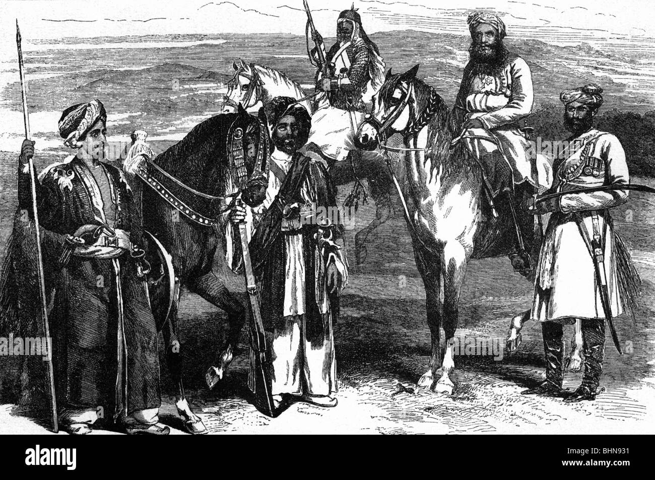 geography / travel, India, military, British East Indian Company, Indic Indian soldiers, officer of column (military formation), Afghan, irregular rider, wood engraving, circa 1858, Stock Photo